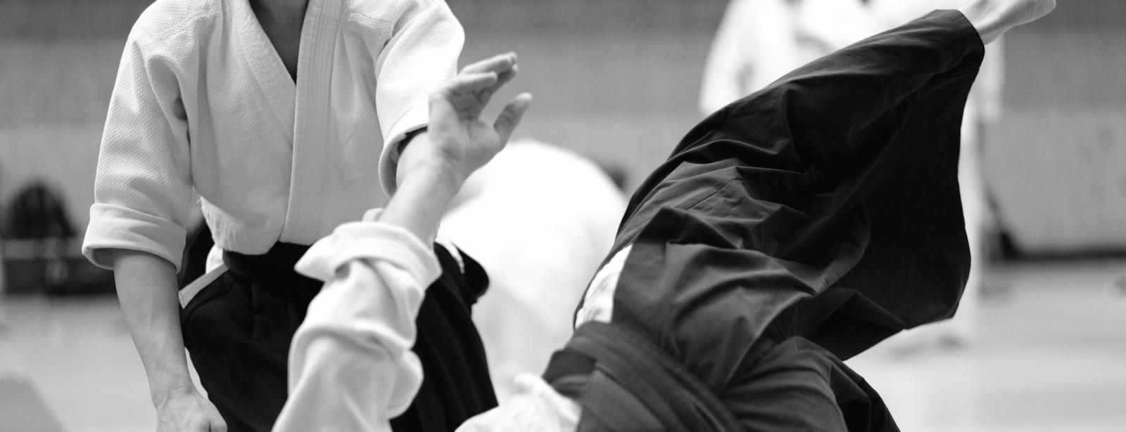 Tatamide bir aikido tekniği: eş, gelen kuvvetin yönü değiştirilerek havada